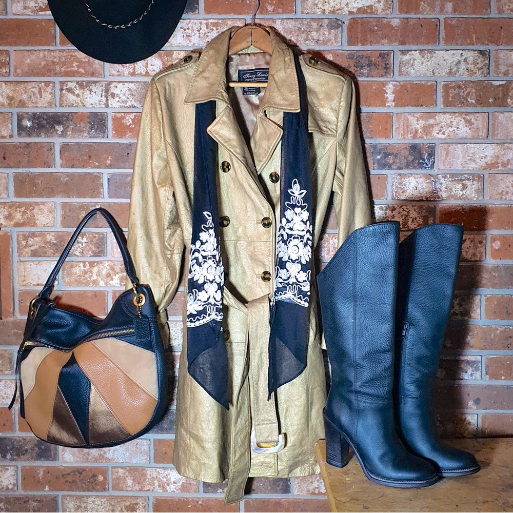 Metallic gold leather trench coat